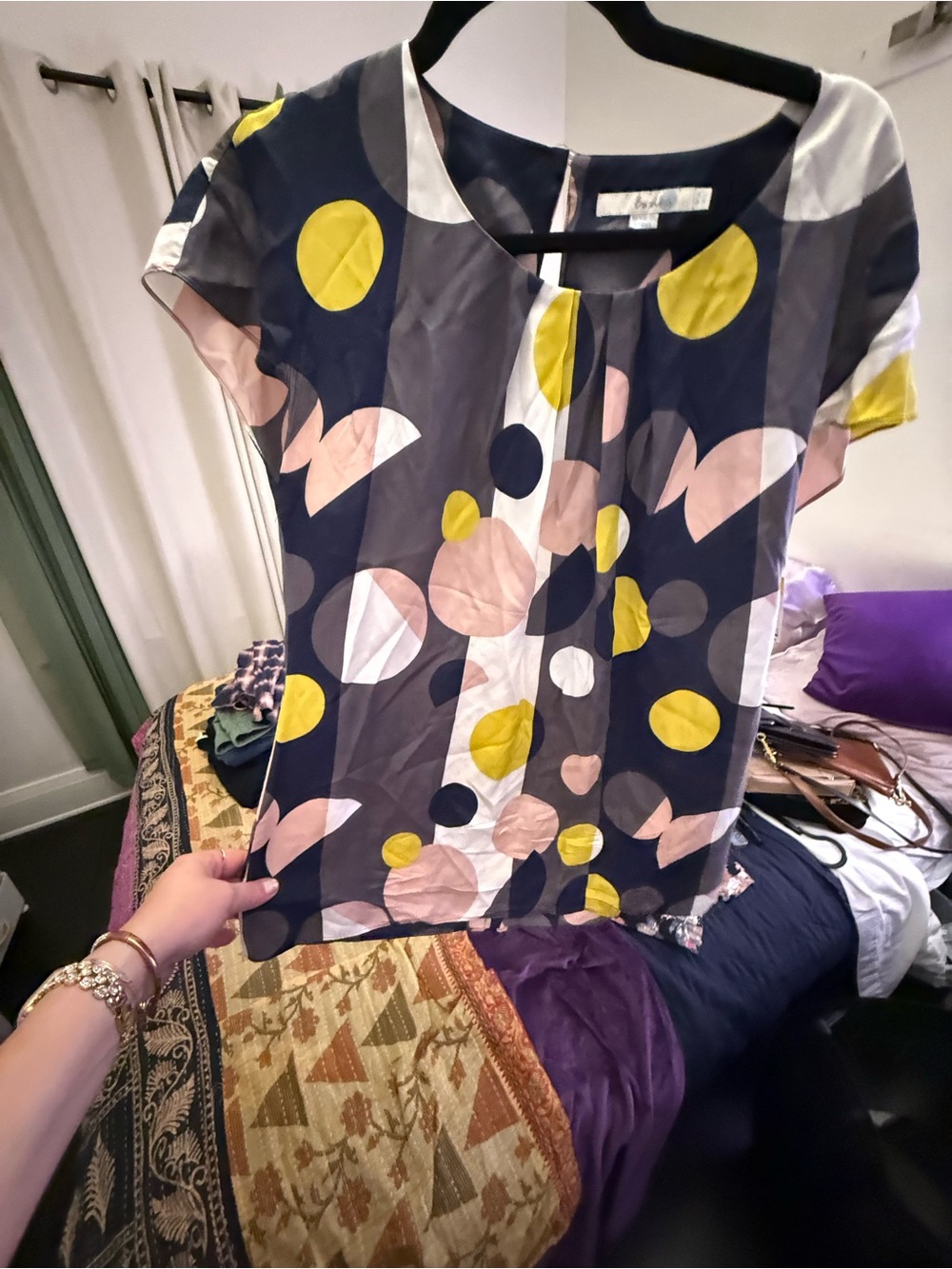 Boden Navy Blouse with Yellow & Blush Pink Circles